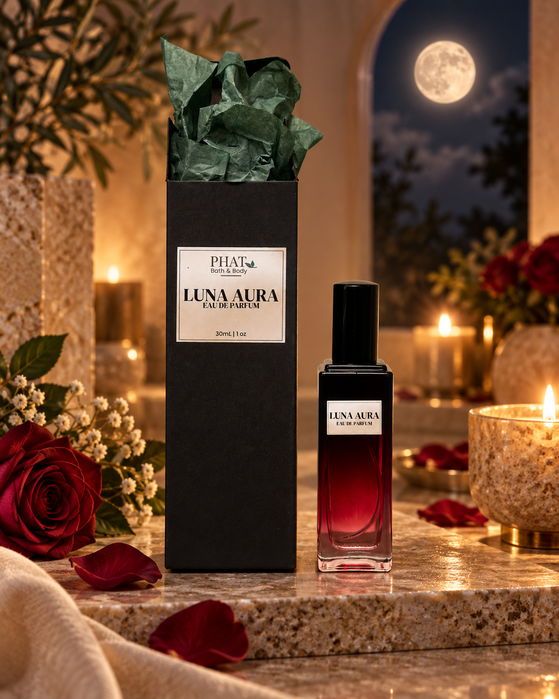 Luna Aura women’s Eau de Parfum bottle with black gift box and green tissue in a moonlit luxury setting.