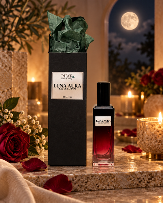 Luna Aura women’s Eau de Parfum bottle with black gift box and green tissue in a moonlit luxury setting.