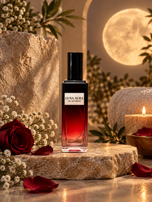 Luna Aura women’s Eau de Parfum bottle in an elegant moonlit luxury setting.