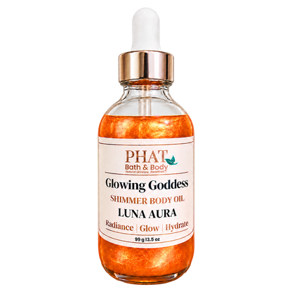 Phat Bath & Body Glowing Goddess Shimmer Body Oil in Luna Aura, 3.5 oz glass dropper bottle with radiant golden shimmer oil.
