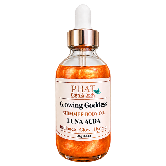 Phat Bath & Body Glowing Goddess Shimmer Body Oil in Luna Aura, 3.5 oz glass dropper bottle with radiant golden shimmer oil.