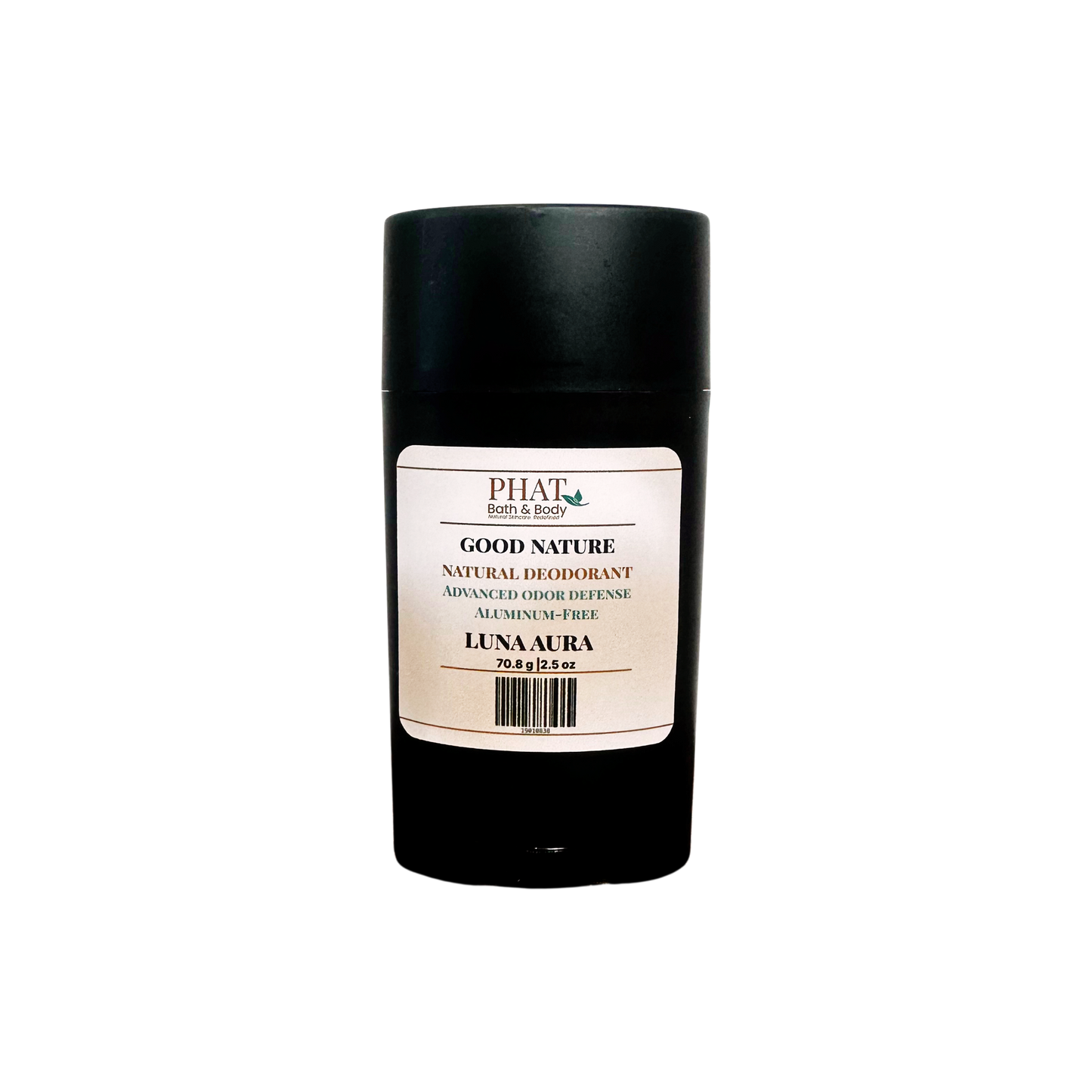 A black cylindrical deodorant stick with a white label reading PHAI Good Nature Natural Deodorant Luna Aura, set against a plain white background.