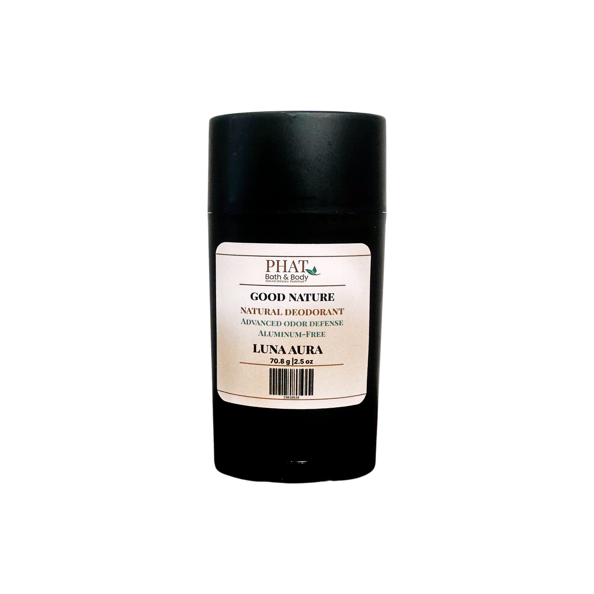 A black cylindrical deodorant stick with a white label reading PHAI Good Nature Natural Deodorant Luna Aura, set against a plain white background.