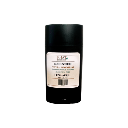 A black cylindrical deodorant stick with a white label reading PHAI Good Nature Natural Deodorant Luna Aura, set against a plain white background.