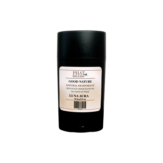 A black cylindrical deodorant stick with a white label reading PHAI Good Nature Natural Deodorant Luna Aura, set against a plain white background.