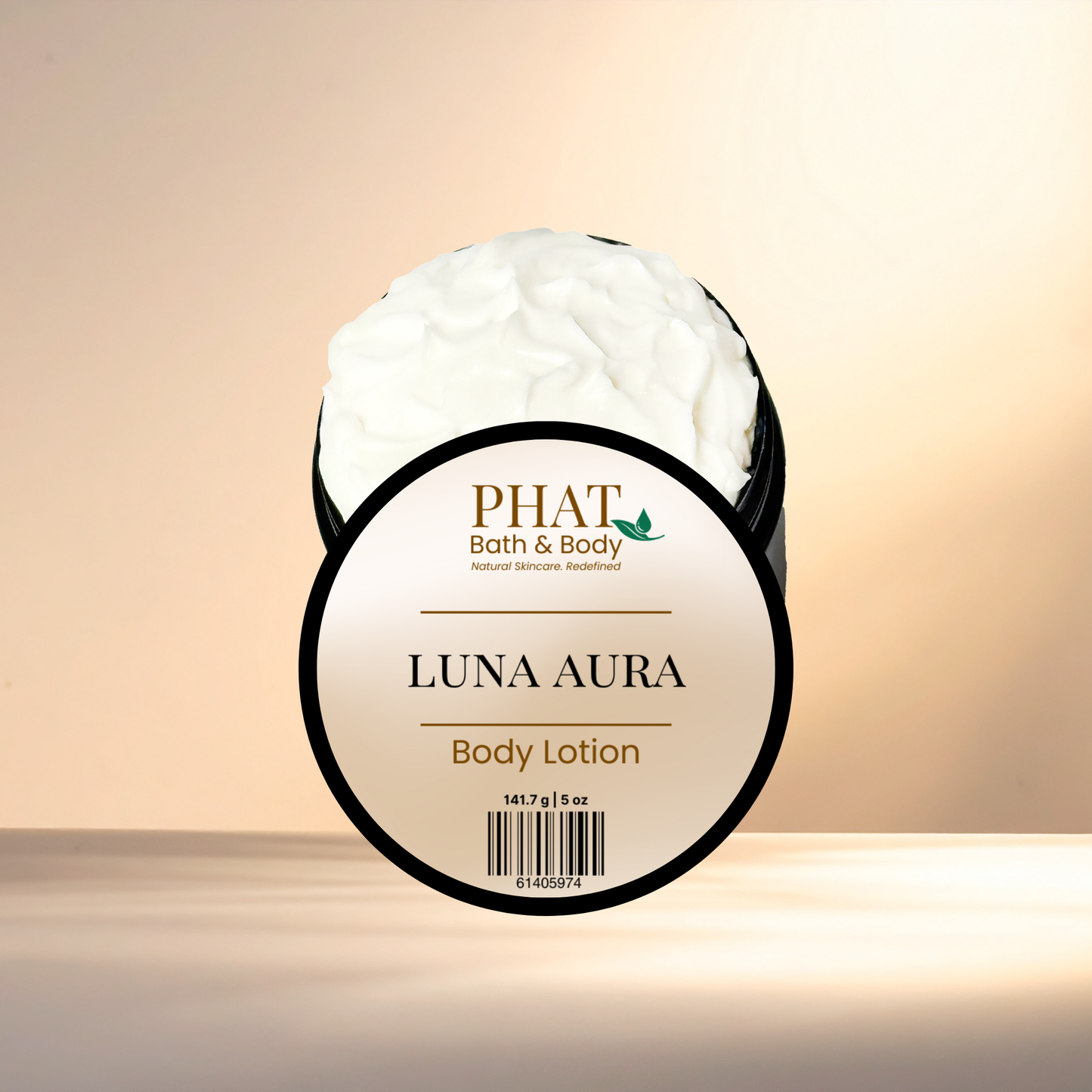 Body lotion jar labeled 'Luna Aura' by PHAT Bath & Body on a gradient background