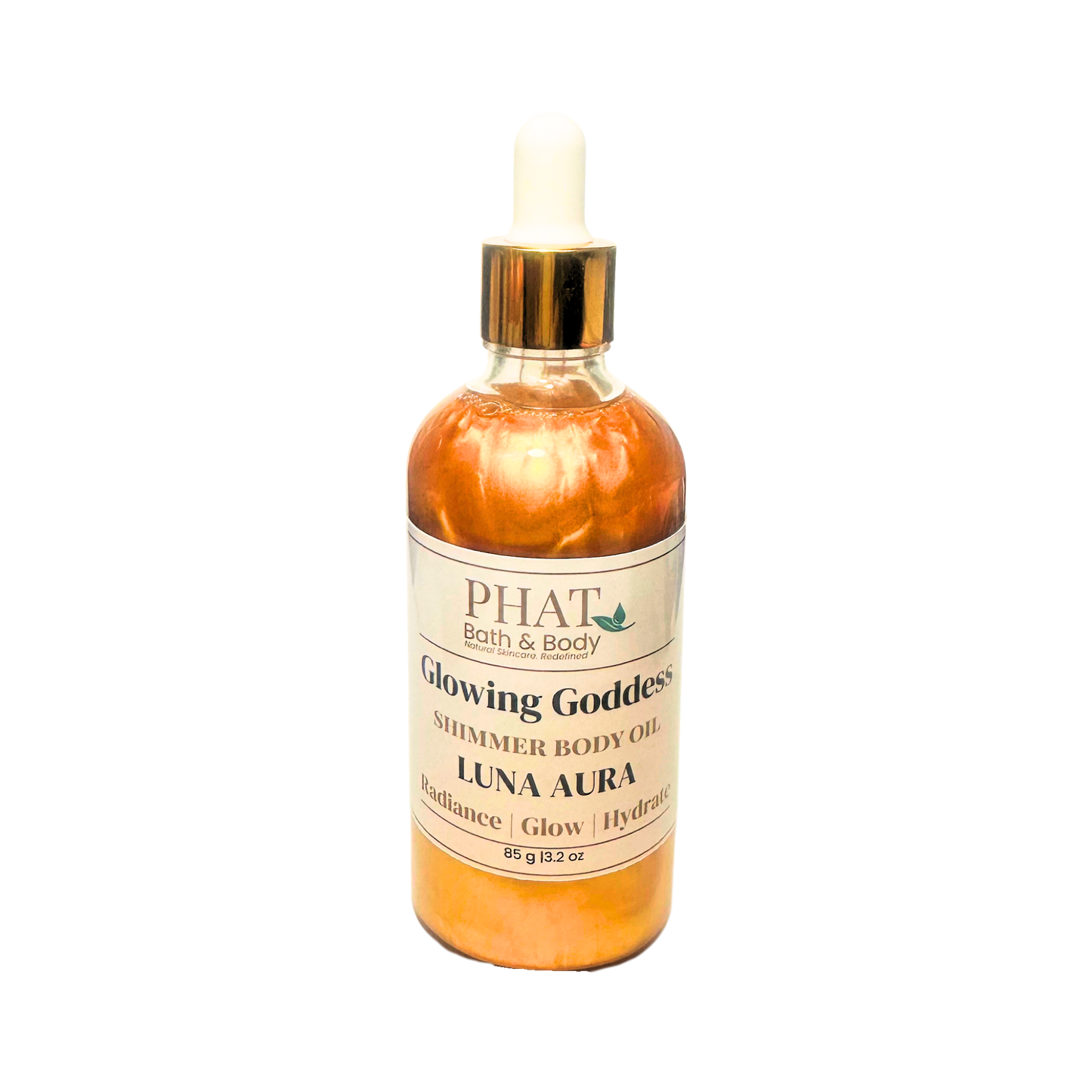 Bottle of Phat Bath & Body Glowing Goddess Shimmer Body Oil on a white background