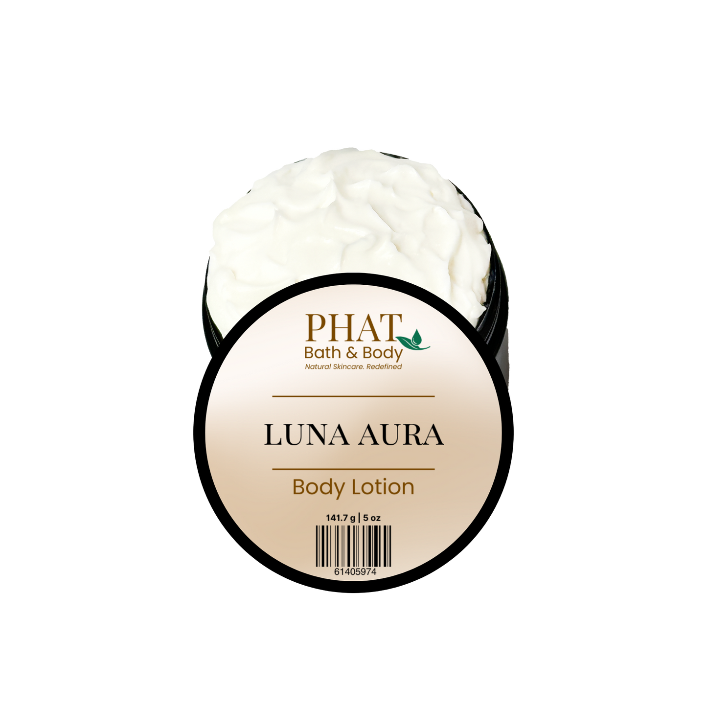 Body lotion container labeled 'Luna Aura' by Phat Bath & Body on a white background