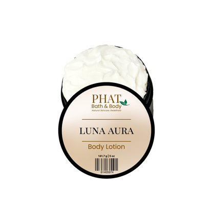 Body lotion container labeled 'Luna Aura' by Phat Bath & Body on a white background