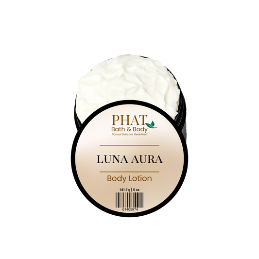 Body lotion container labeled 'Luna Aura' by Phat Bath & Body on a white background