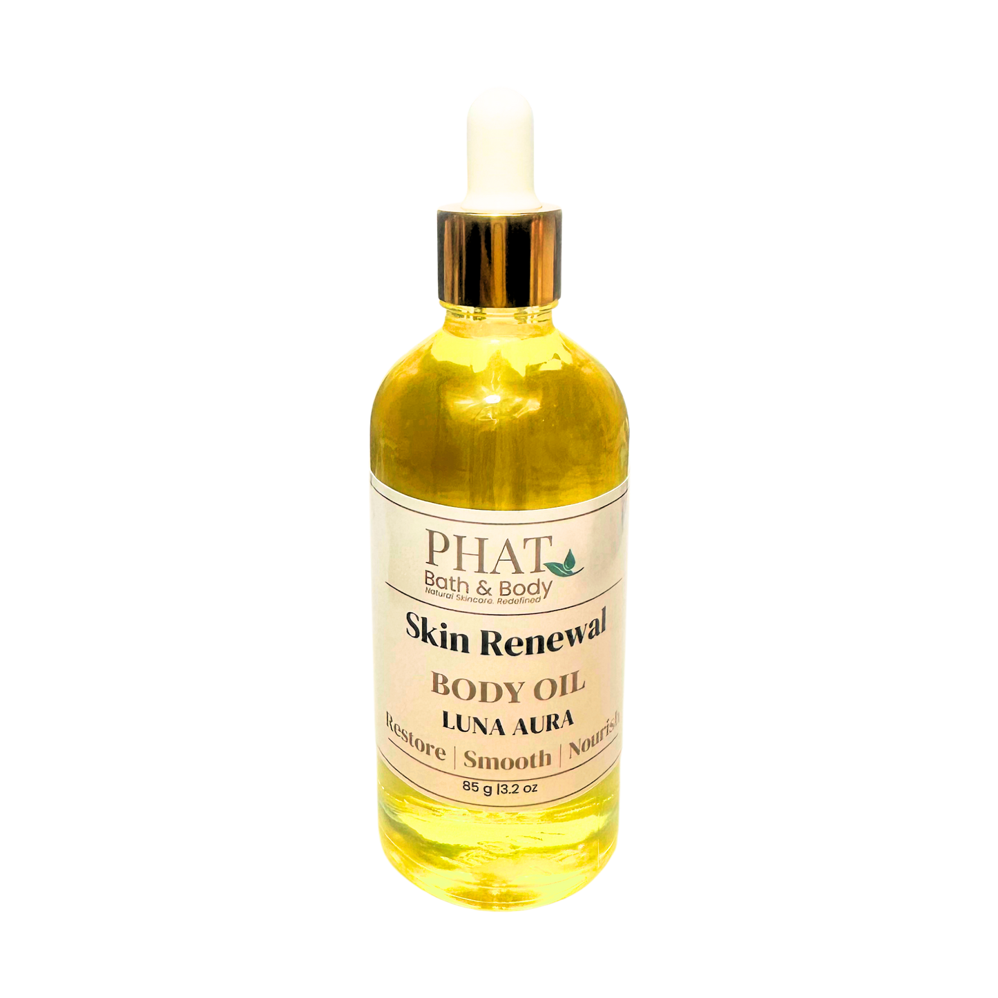 Bottle of Phat Bath & Body Skin Renewal Body Oil on a white background