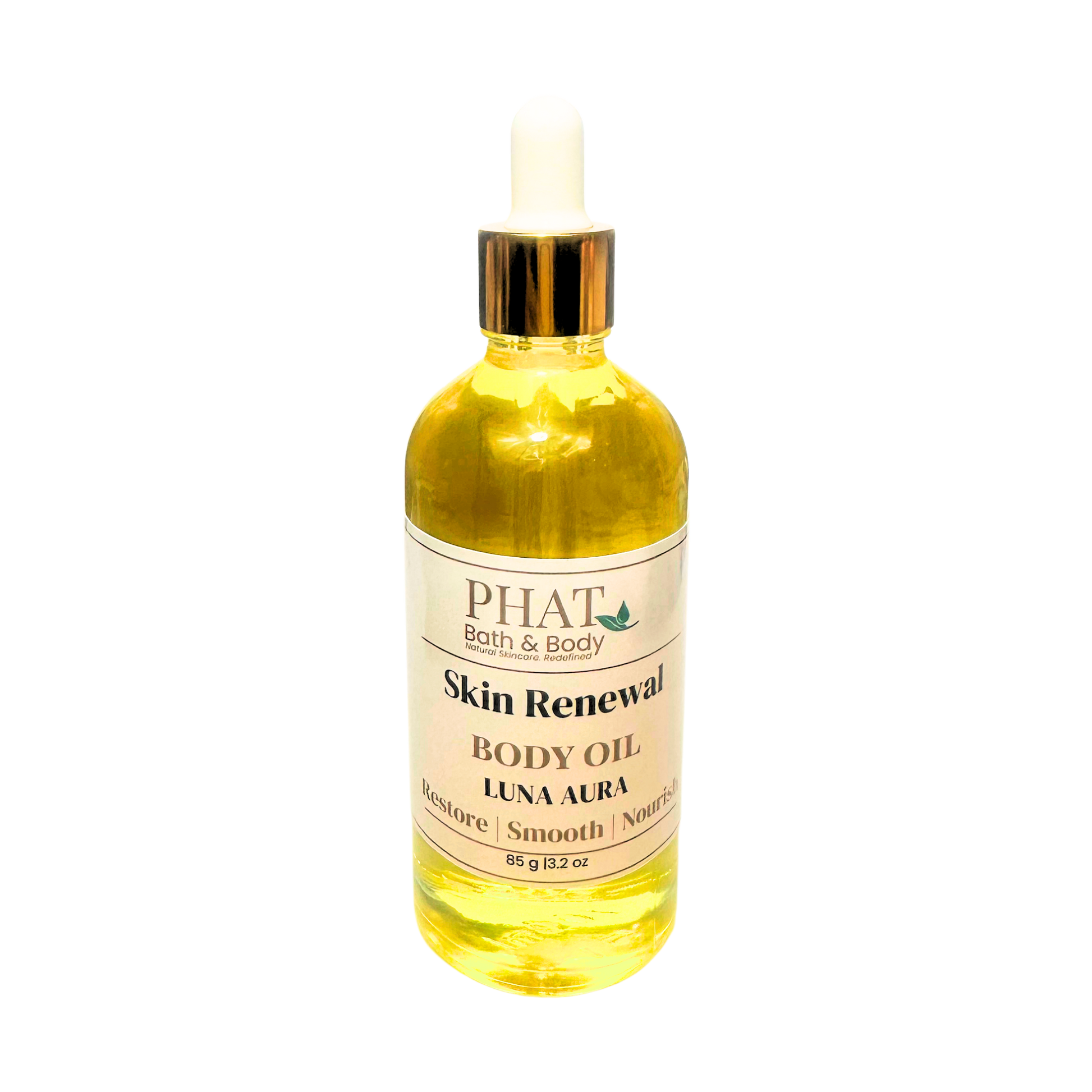 Bottle of Phat Bath & Body Skin Renewal Body Oil on a white background