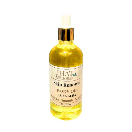 Bottle of Phat Bath & Body Skin Renewal Body Oil on a white background
