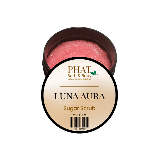 Jar of Luna Aura sugar scrub with 'Phat Bath & Body' branding on a white background