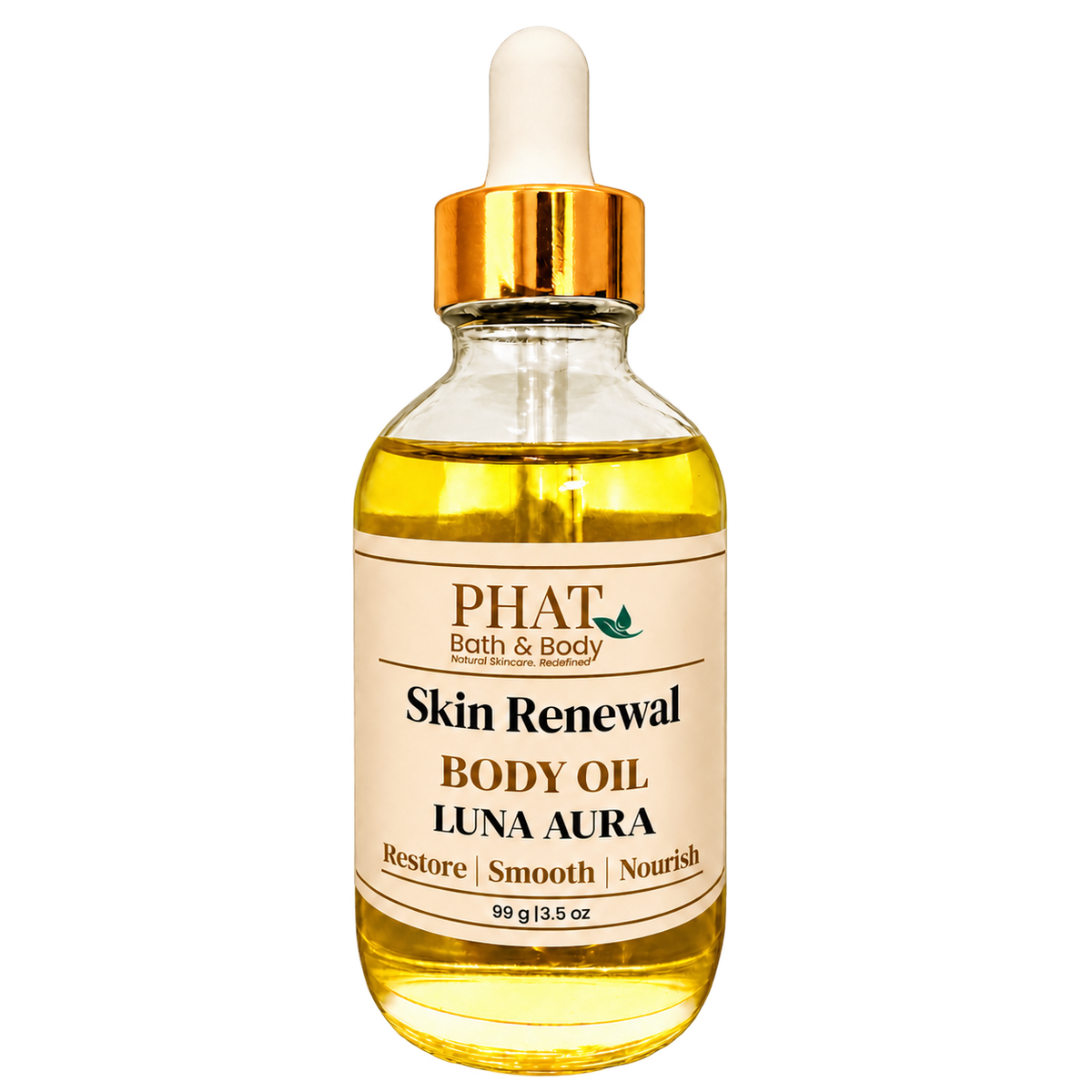 Phat Bath & Body Luna Aura Skin Renewal Body Oil, 3.5 oz golden body oil in a clear glass dropper bottle with a gold cap and cream label.