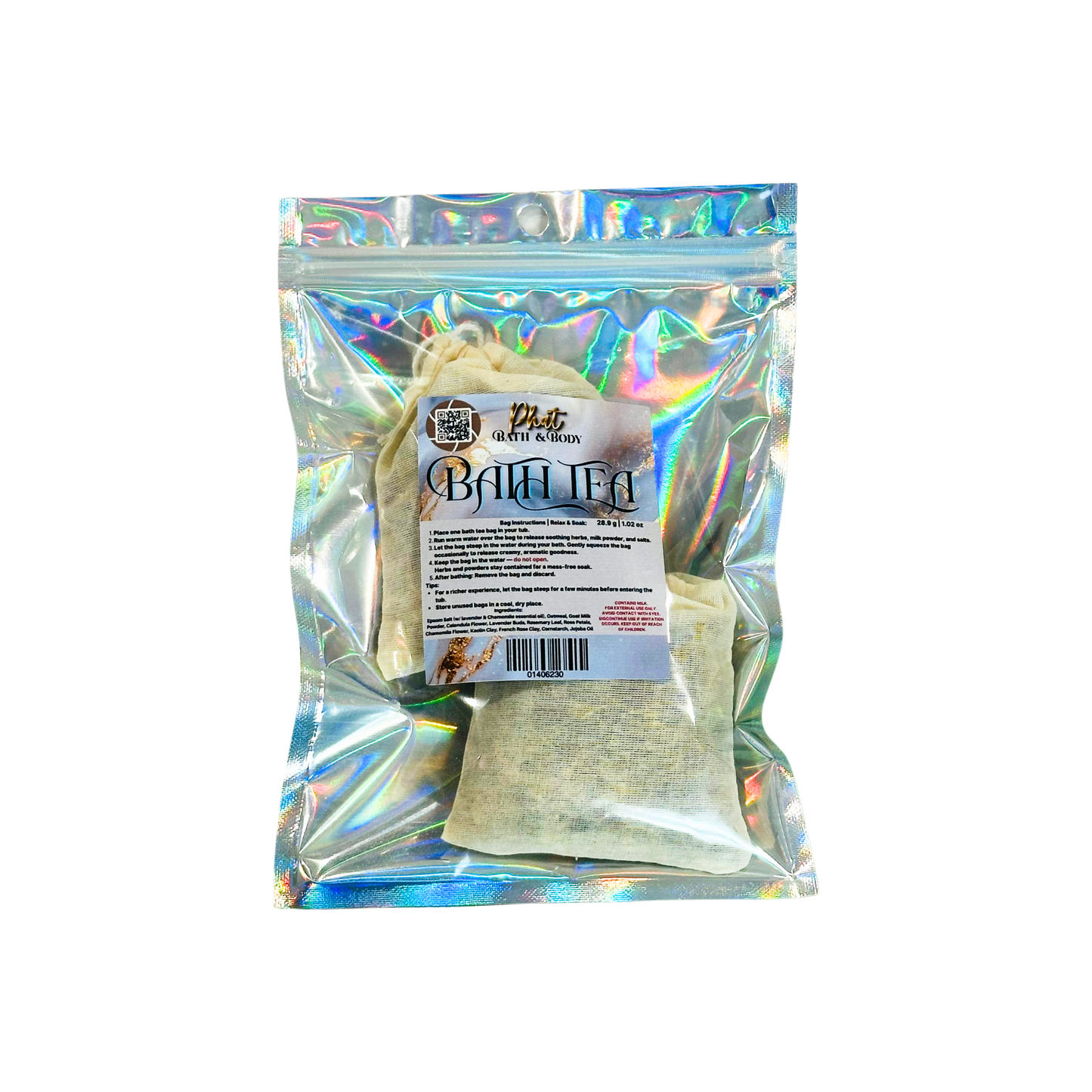 Bag of bath tea with a label on a white background