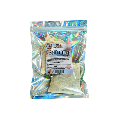 Bag of bath tea with a label on a white background