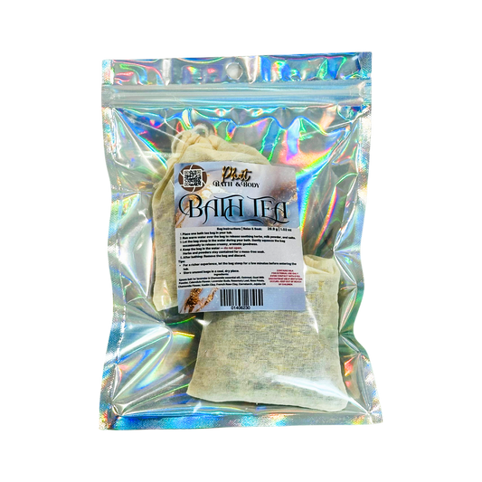 Holographic package of Bath Tea with a visible brand label on a white background
