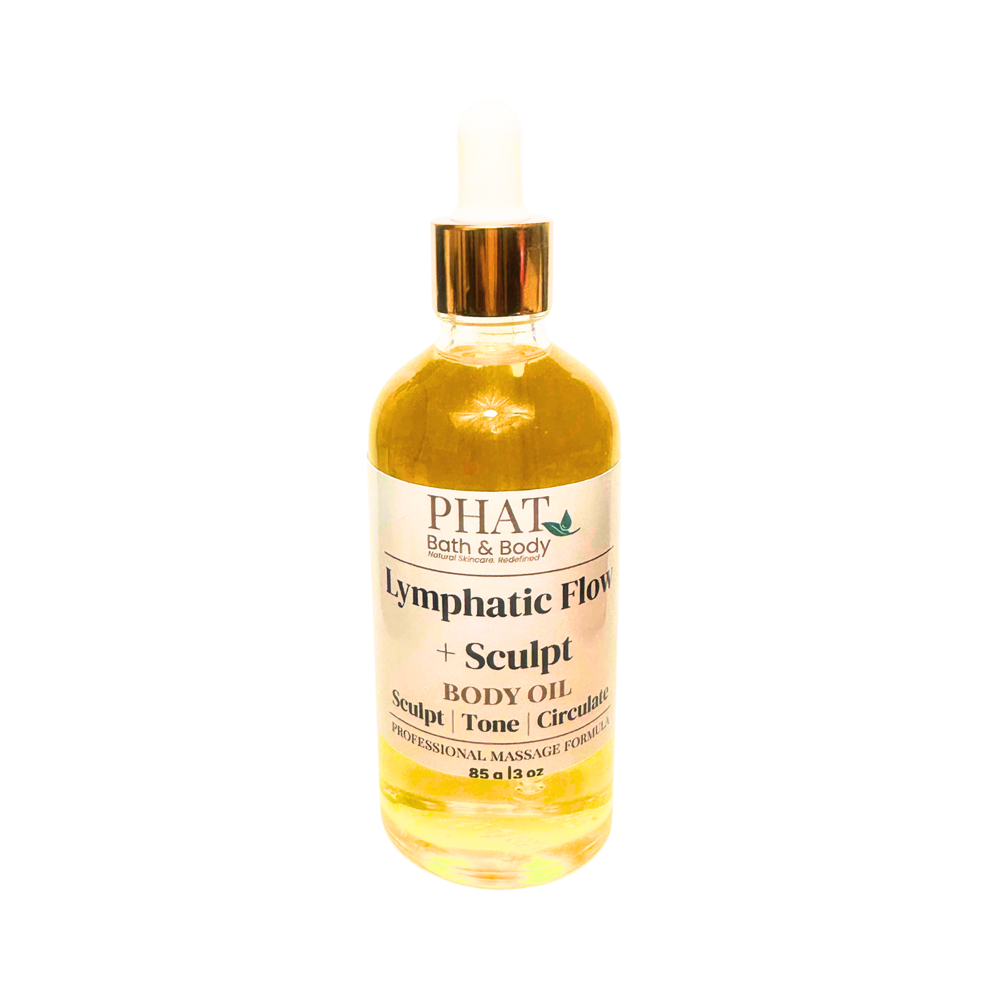 Bottle of Phat Bath & Body Lymphatic Flow + Sculpt body oil on a white background