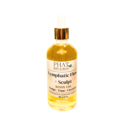 Bottle of Phat Bath & Body Lymphatic Flow + Sculpt body oil on a white background
