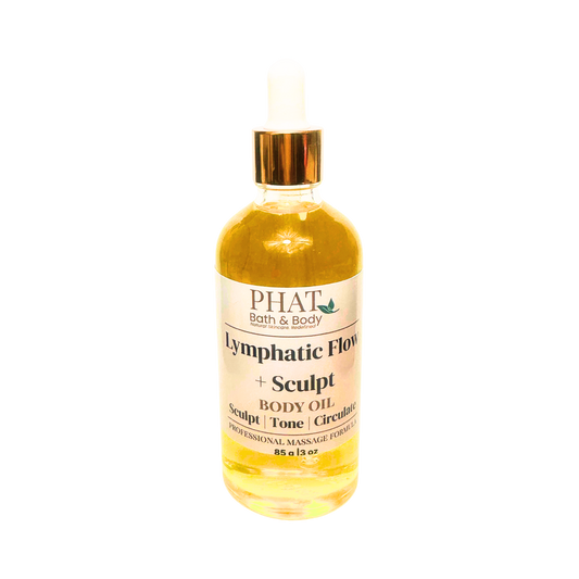 Bottle of Phat Bath & Body Lymphatic Flow + Sculpt body oil on a white background