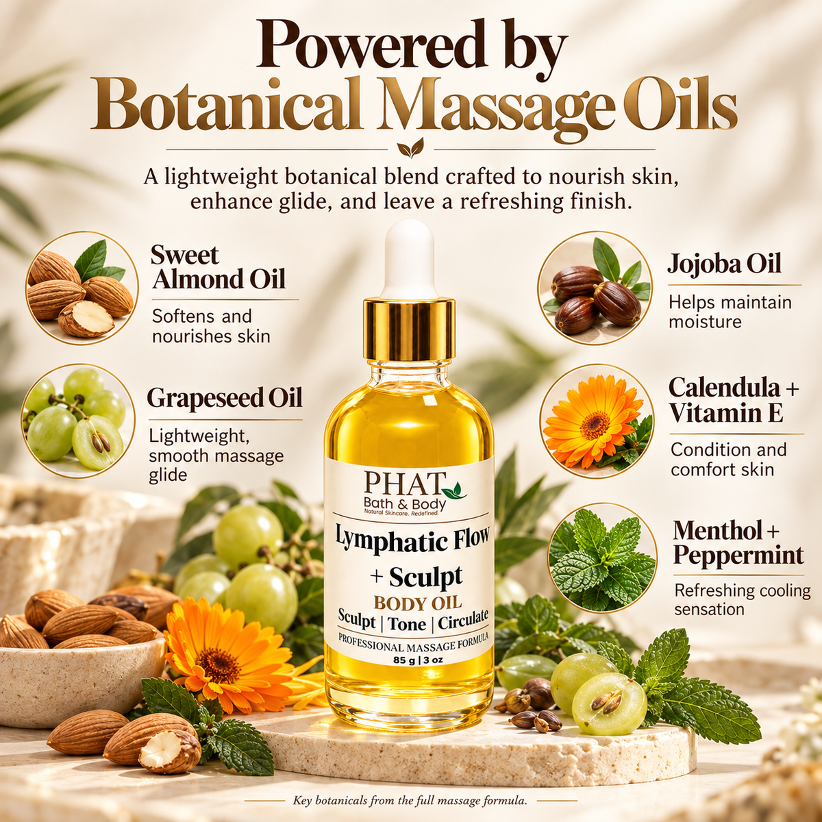 Lymphatic Flow + Sculpt Body Oil botanical ingredient infographic featuring sweet almond, grapeseed, jojoba, calendula, vitamin E, menthol, and peppermint for skin nourishment, smooth massage glide, and a cooling sensation.