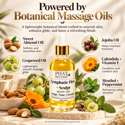 Lymphatic Flow + Sculpt Body Oil botanical ingredient infographic featuring sweet almond, grapeseed, jojoba, calendula, vitamin E, menthol, and peppermint for skin nourishment, smooth massage glide, and a cooling sensation.