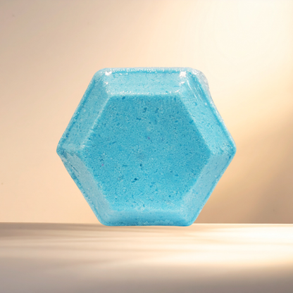 Hexagonal blue shower bomb on a beige background