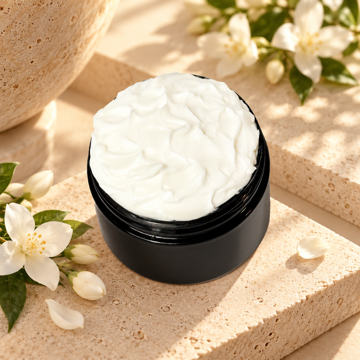 Open jar of Phat Bath & Body Midnight Jasmine Body Lotion with creamy white lotion surrounded by elegant jasmine blossoms and greenery.