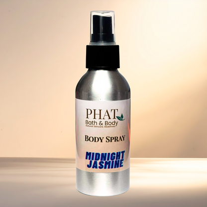 Body spray bottle labeled 'PHAT Bath & Body Midnight Jasmine' on a gradient background