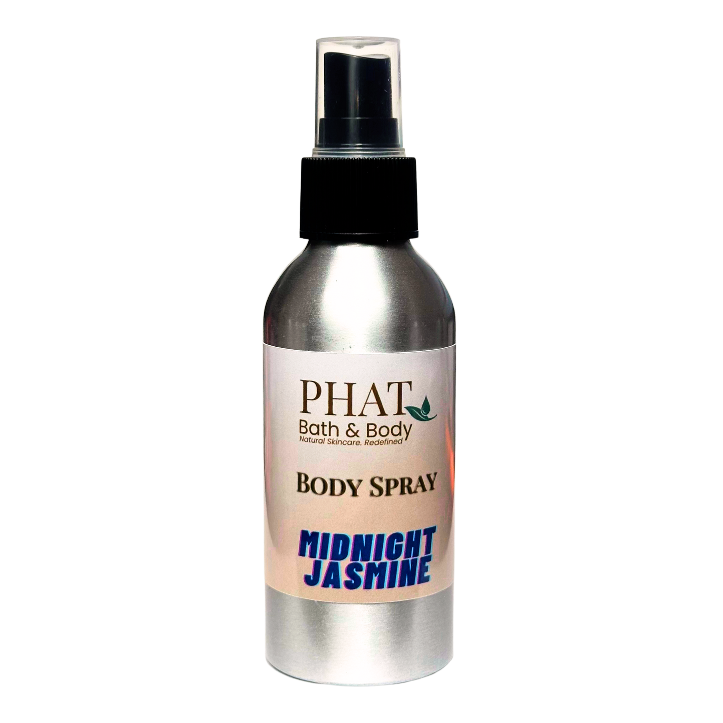 Body spray bottle labeled 'PHAT Bath & Body Midnight Jasmine' on a white background