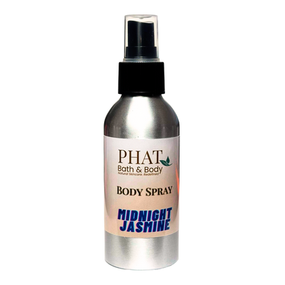 Body spray bottle labeled 'PHAT Bath & Body Midnight Jasmine' on a white background