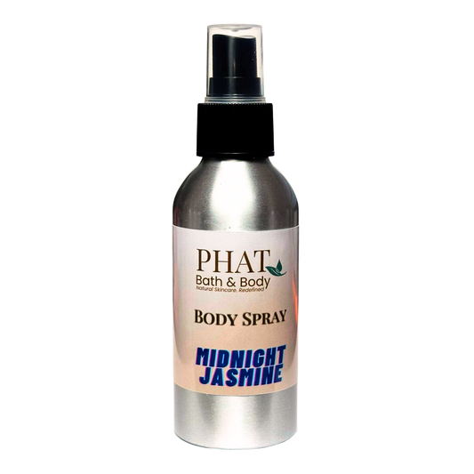 Body spray bottle labeled 'PHAT Bath & Body Midnight Jasmine' on a white background