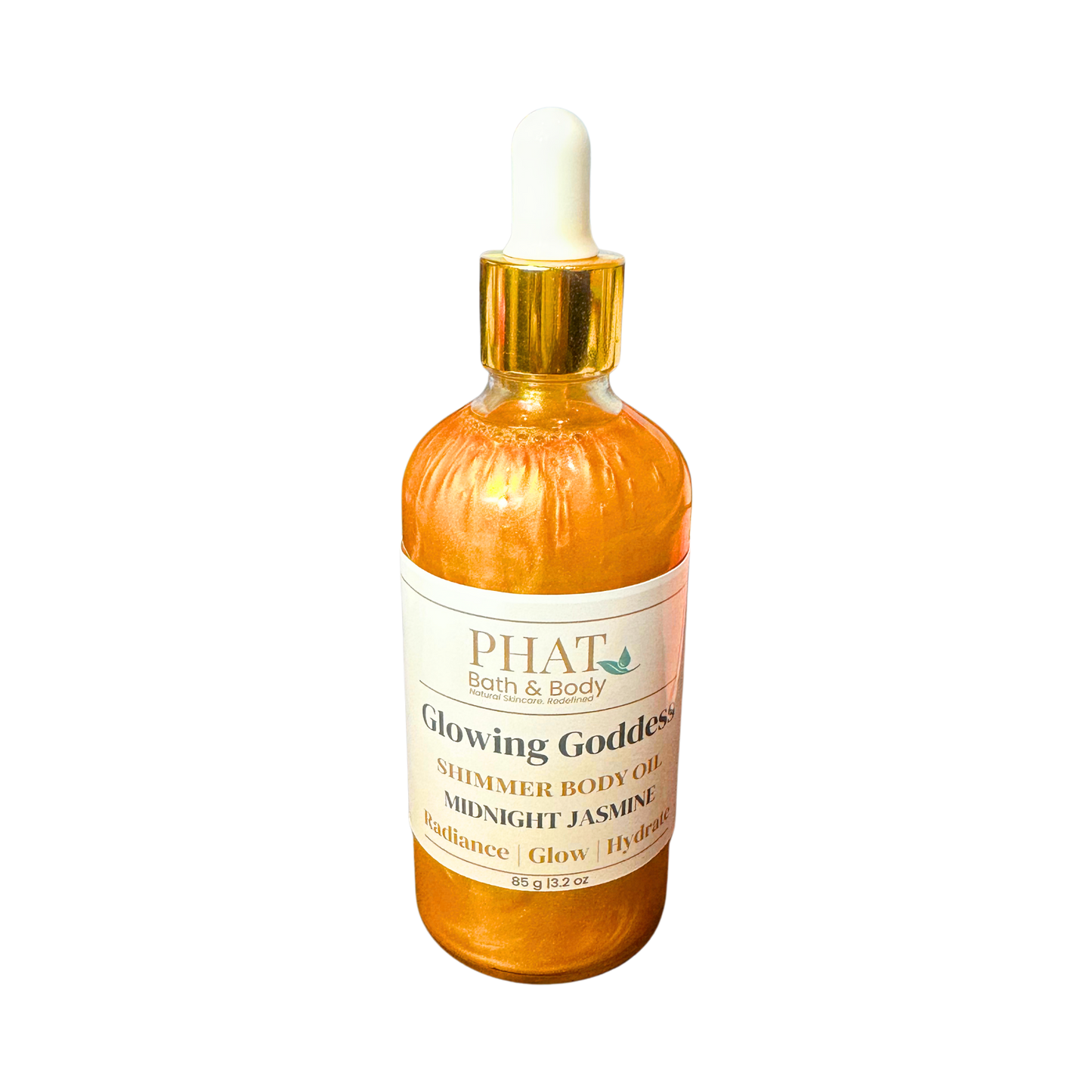 Bottle of 'Glowing Goddess' shimmer body oil from PHAT Bath & Body on a white background