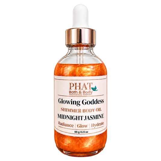 Phat Bath & Body Glowing Goddess Shimmer Body Oil in Midnight Jasmine, 3.5 oz glass dropper bottle with orange-gold shimmer.
