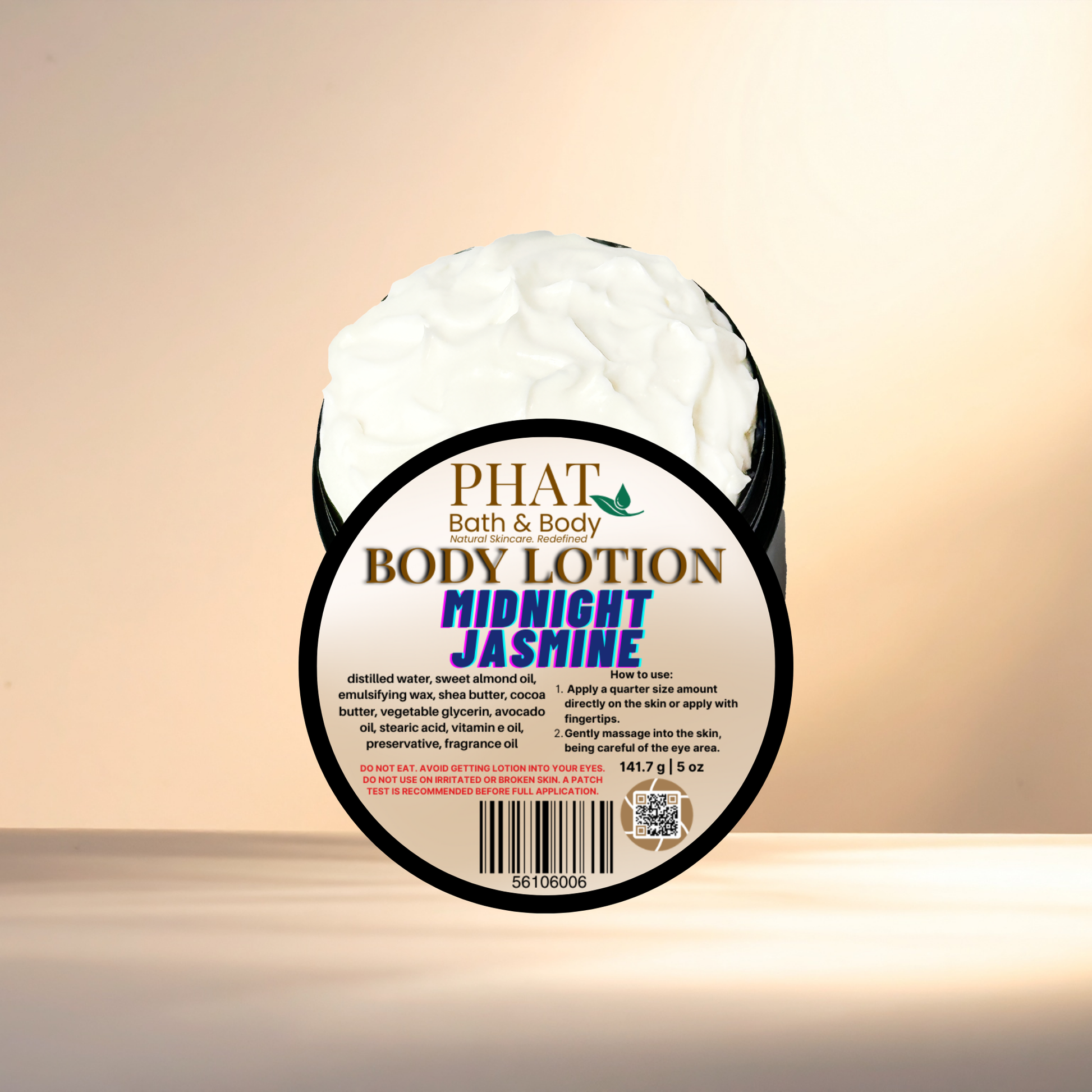 Body lotion container labeled 'Midnight Jasmine' by Phat Bath & Body on a gradient background