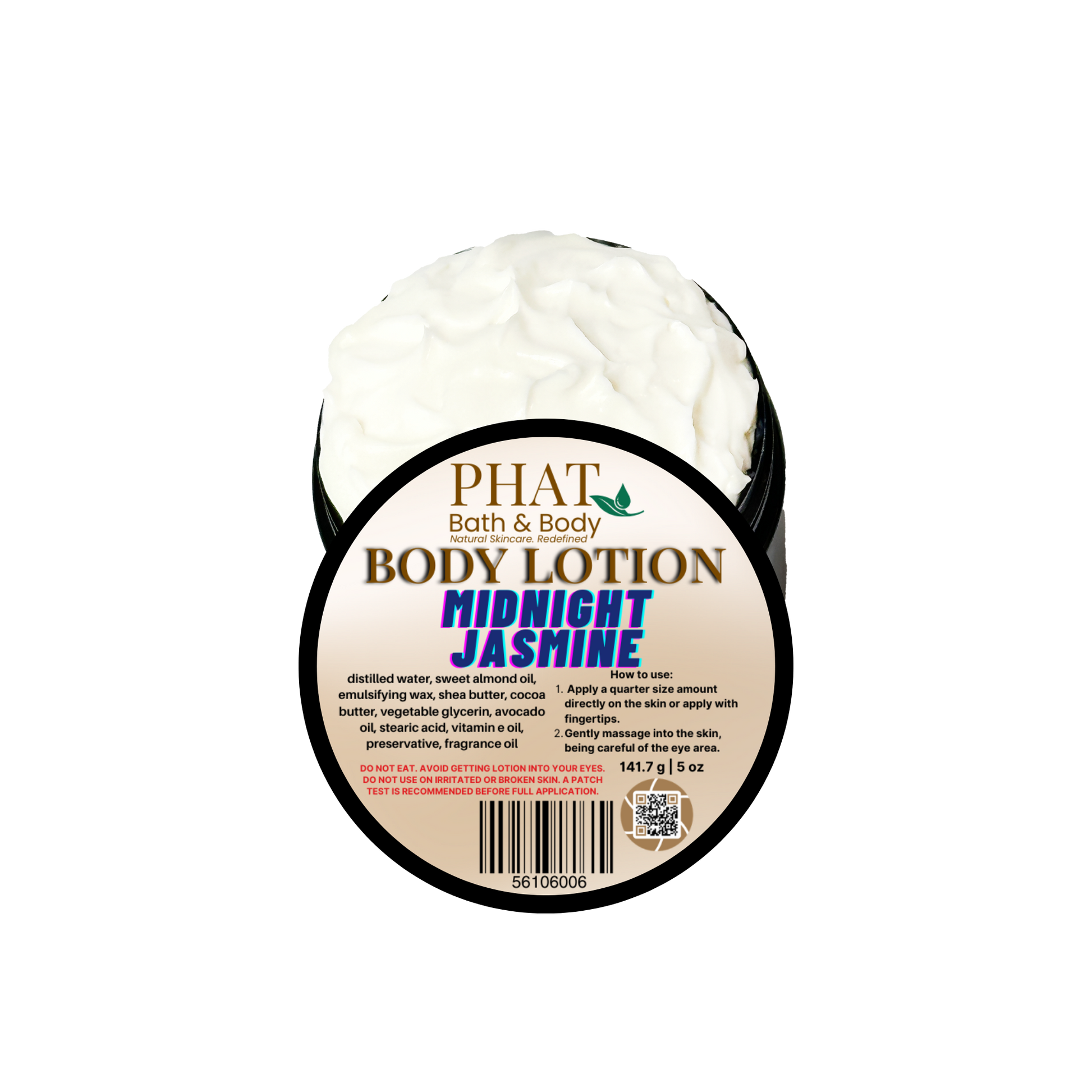 Body lotion container labeled 'Phat Bath & Body Midnight Jasmine' on a white background