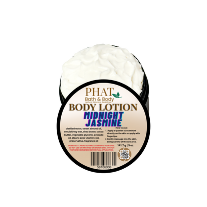Body lotion container labeled 'Phat Bath & Body Midnight Jasmine' on a white background