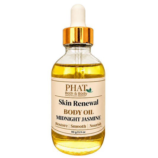 Phat Bath & Body Midnight Jasmine Skin Renewal Body Oil, 3.5 oz golden body oil in a clear glass dropper bottle with a gold cap and cream label.