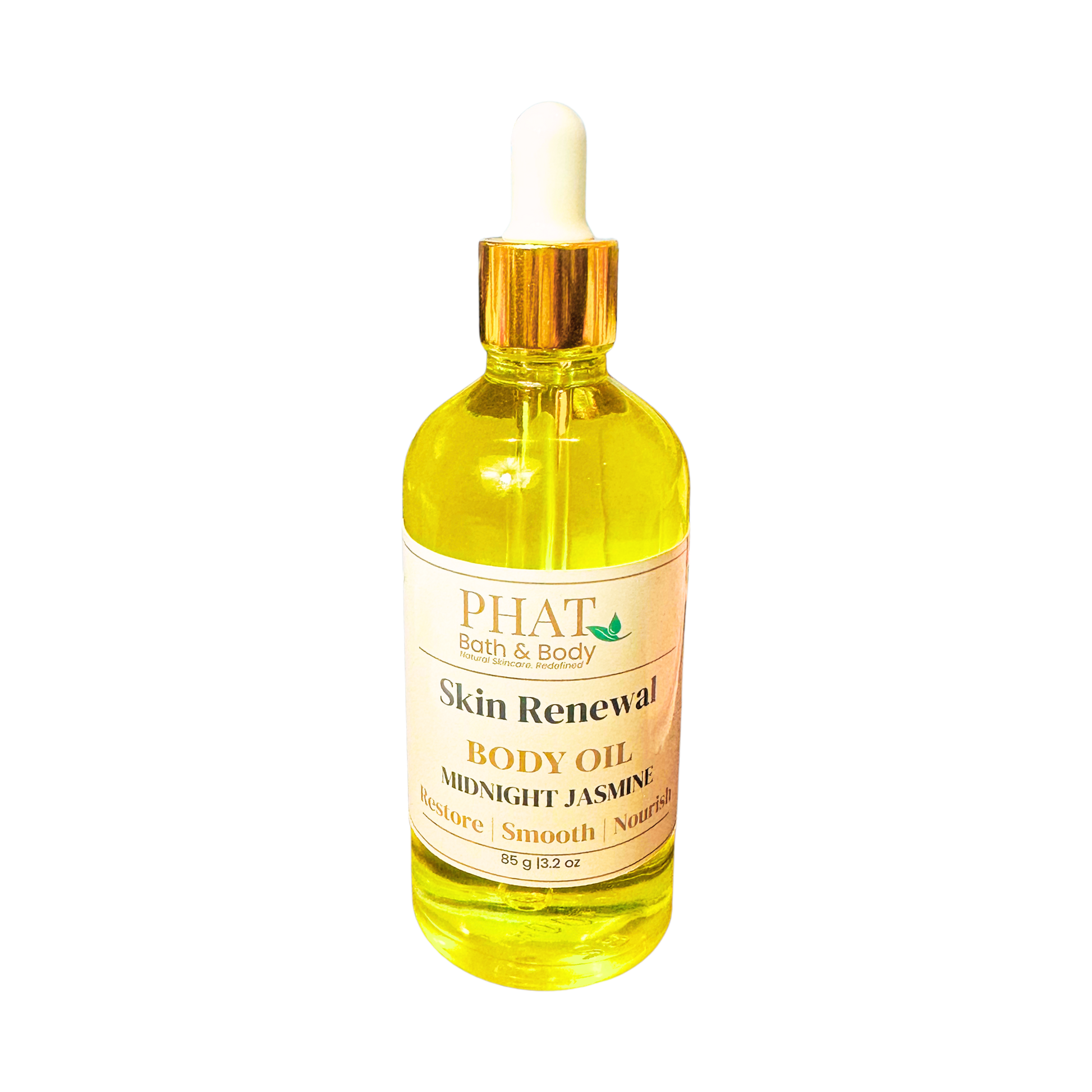 Bottle of Phat Bath & Body Skin Renewal Body Oil on a white background