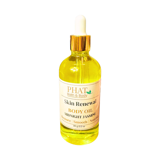Bottle of Phat Bath & Body Skin Renewal Body Oil on a white background