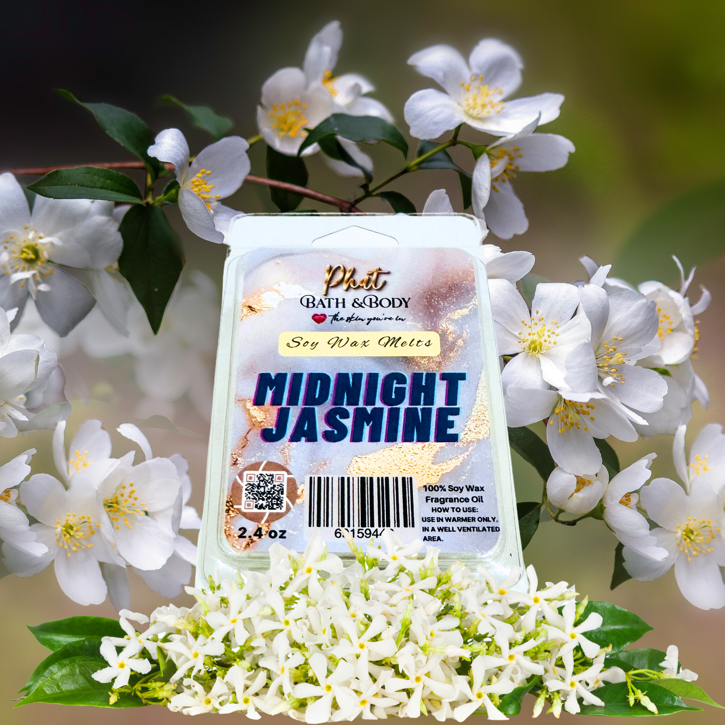 Soy wax melt package labeled 'Midnight Jasmine' surrounded by jasmine flowers.