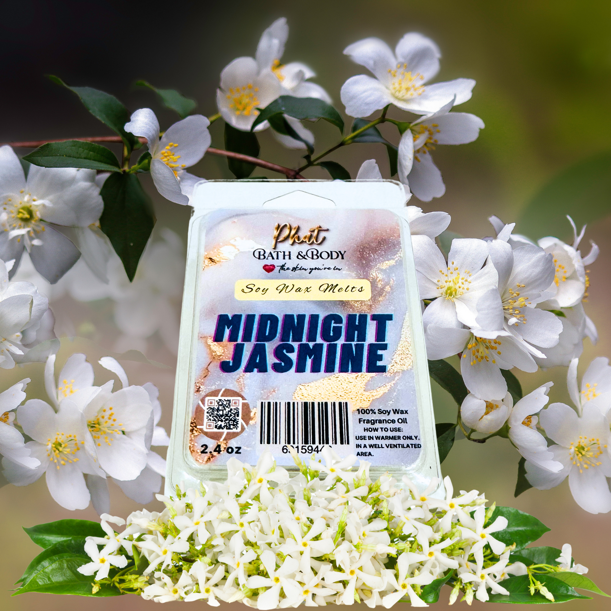Soy wax melt package labeled 'Midnight Jasmine' surrounded by jasmine flowers.