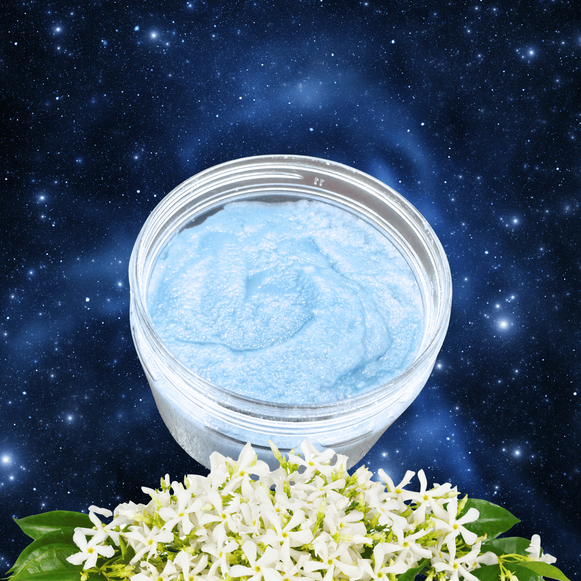 Jar of blue sugar scrub with white flowers against a starry night sky background