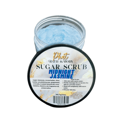 Jar of sugar scrub labeled 'Midnight Jasmine' with a transparent background