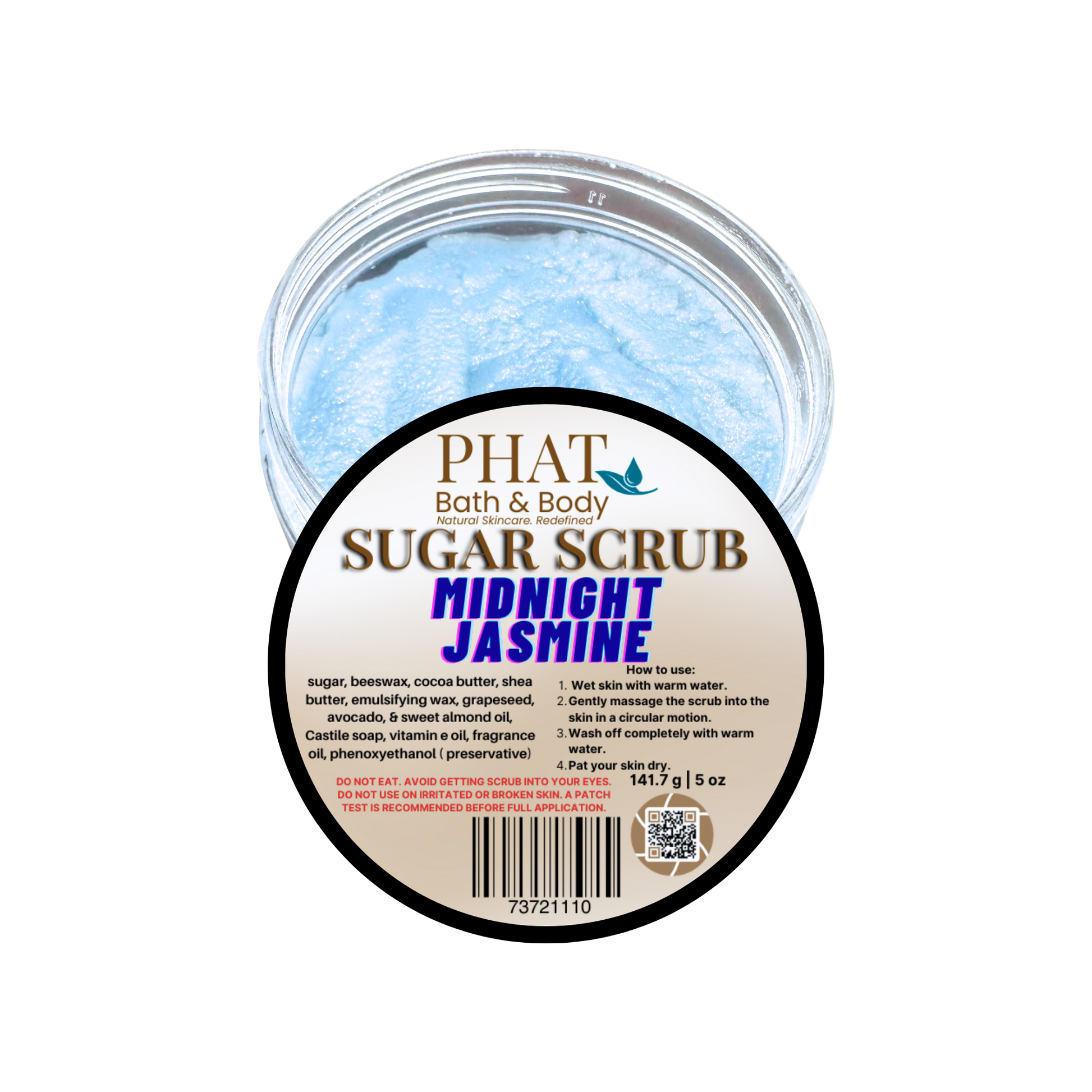 Jar of Phat Bath & Body Sugar Scrub with 'Midnight Jasmine' scent on a white background