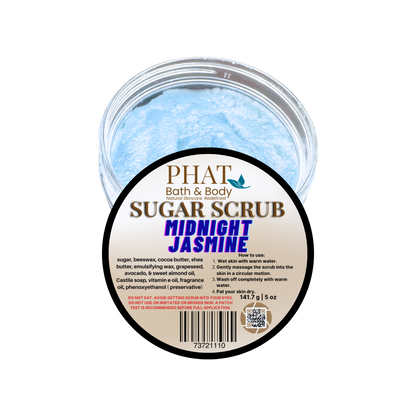 Jar of Phat Bath & Body Sugar Scrub with 'Midnight Jasmine' scent on a white background