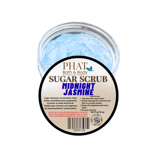 Jar of Phat Bath & Body Sugar Scrub with 'Midnight Jasmine' scent on a white background