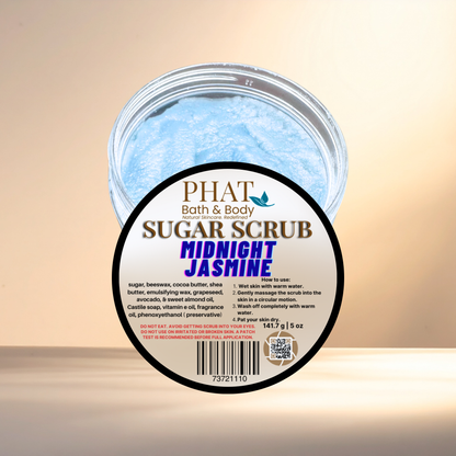 Jar of Phat Bath & Body Sugar Scrub with 'Midnight Jasmine' scent on a beige background