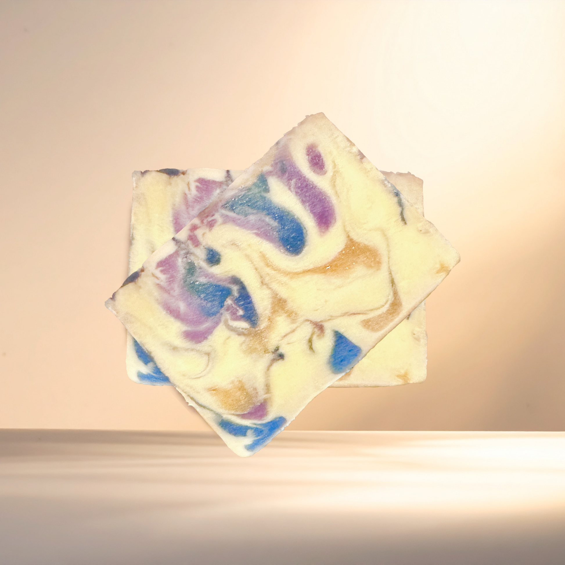 Colorful soap bar with swirl pattern on a light background